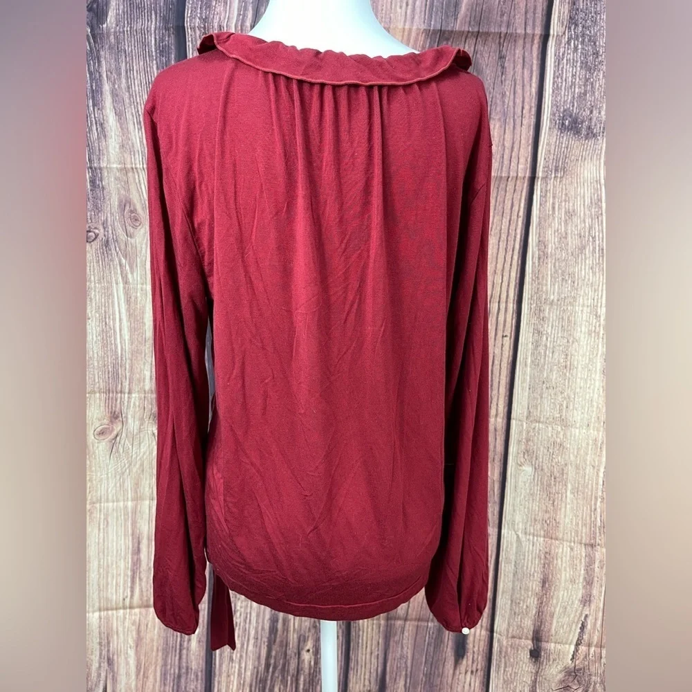 J. Crew Mercantile burgundy red ruffle V-neck  blouse women’s size L - Picture 5 of 16